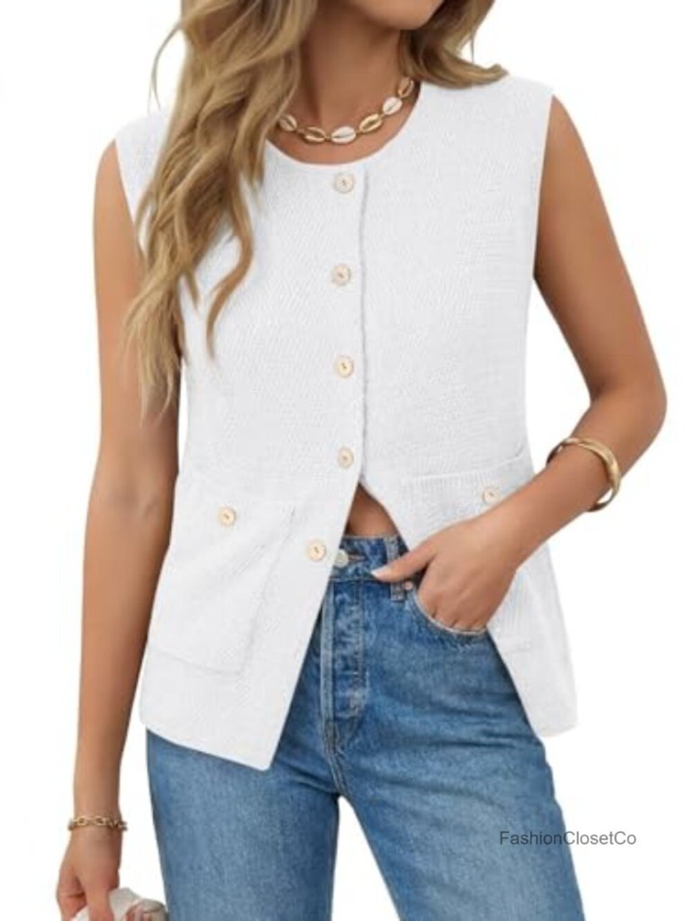 Women's Sleeveless Knit Sweater Vest with Pockets Button Down Round Neck